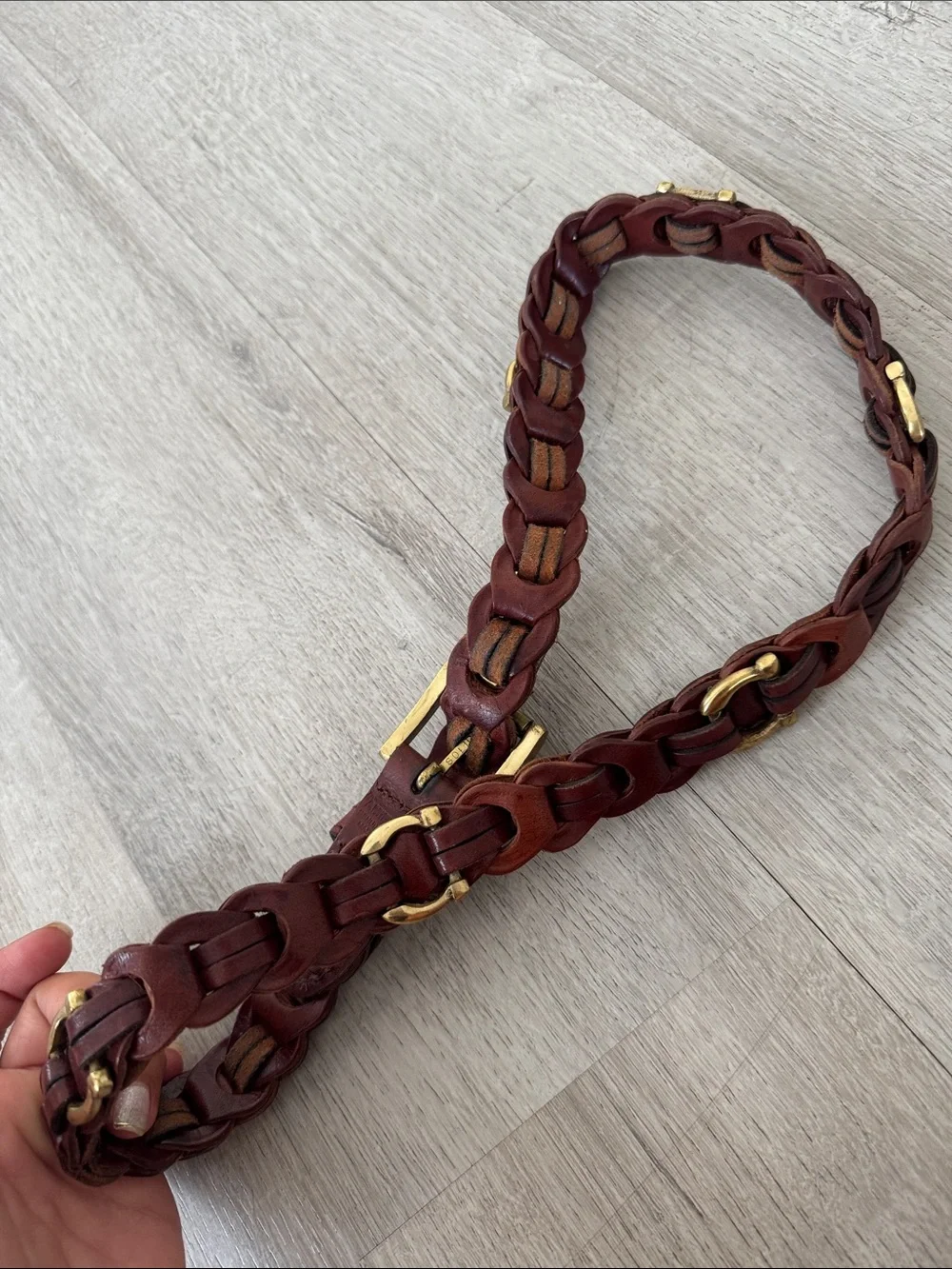 Aimee Lynn Belt Small Brown Leather Brass Buckle Braided Link Horseshoe Western